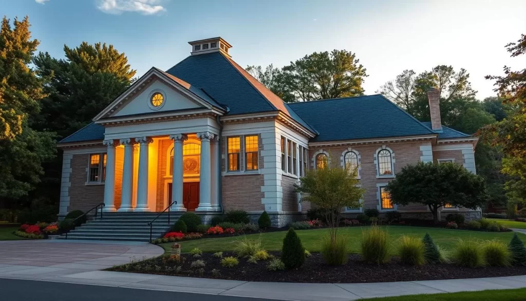 Generate an image of the Farnsworth Art Museum's exterior, showcasing its beautiful architecture amidst a scenic backdrop.