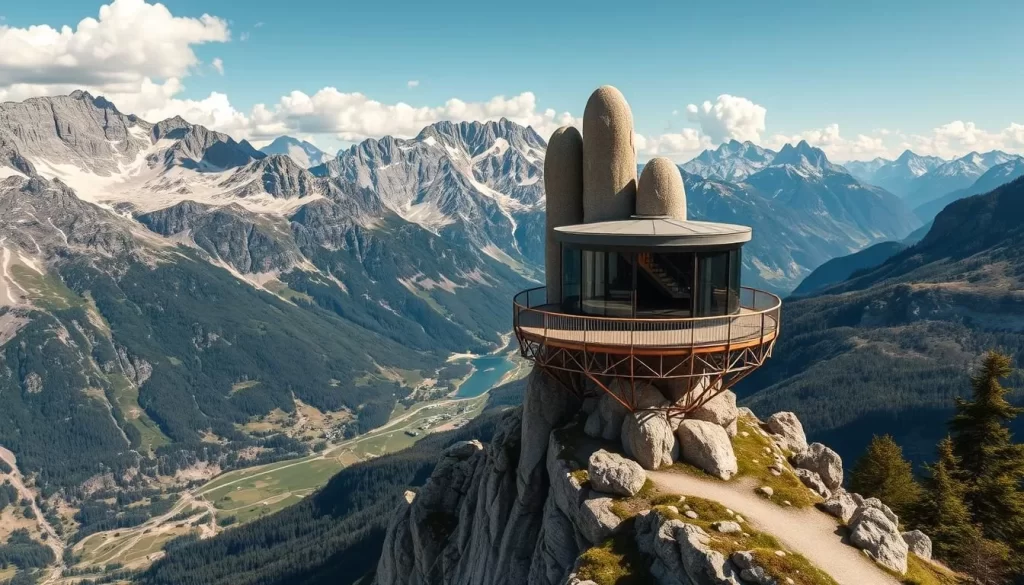 Generate an image of the Five Fingers viewing platform at Krippenstein with a dramatic mountain landscape.