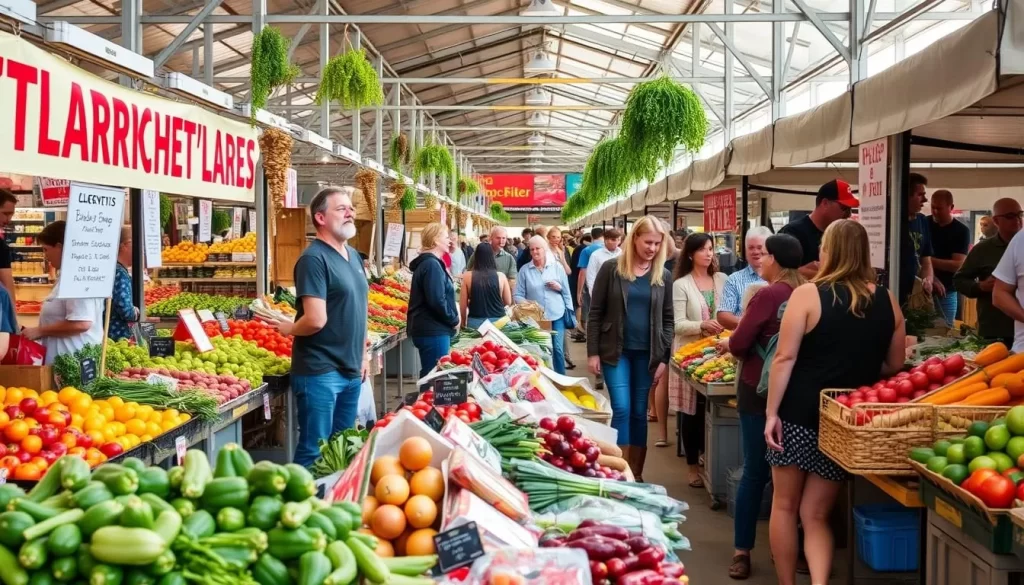 Generate an image of the Flint Farmers' Market with vibrant produce and bustling activity.