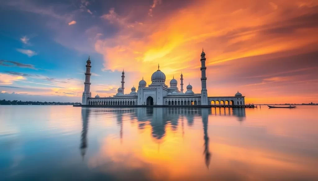 Generate an image of the Floating Mosque in Kuala Terengganu, Malaysia, during sunset with the mosque appearing to float on the water.