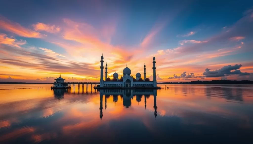 Generate an image of the Floating Mosque in Kuala Terengganu at sunset