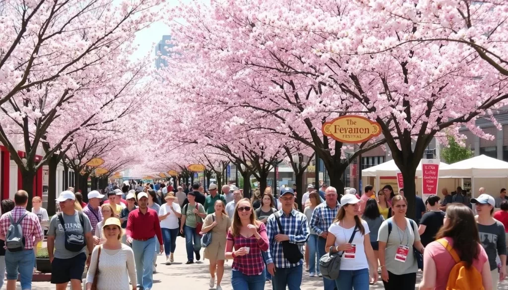 Generate an image of the Fort Wayne Cherry Blossom Festival with people enjoying the blooms in downtown Fort Wayne.