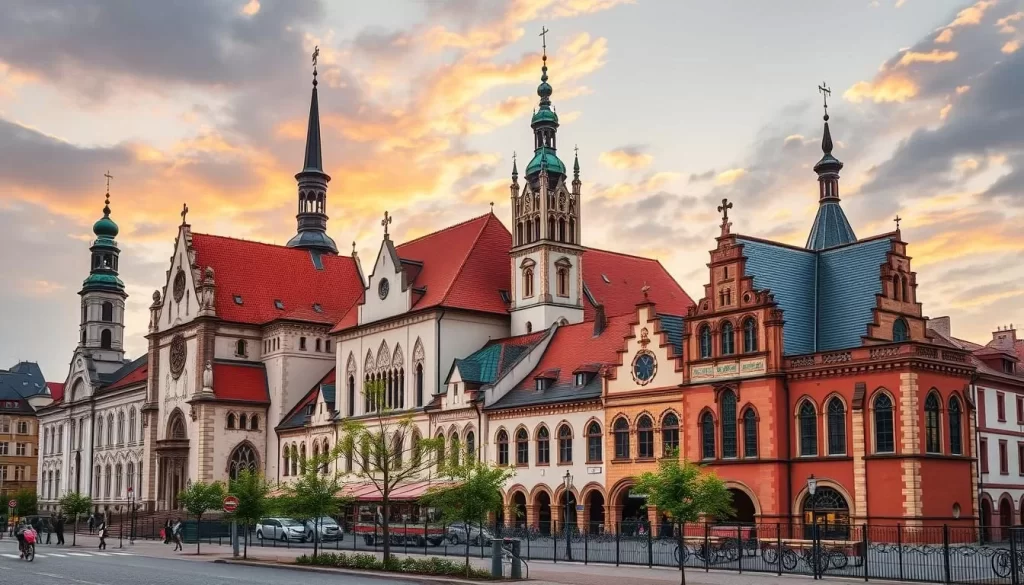 Generate an image of the Four Temple District in Wrocław, Poland, showcasing its unique religious harmony.