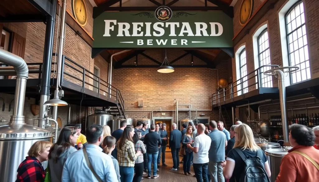 Generate an image of the Freistadt Brewery building with a guided tour group inside.
