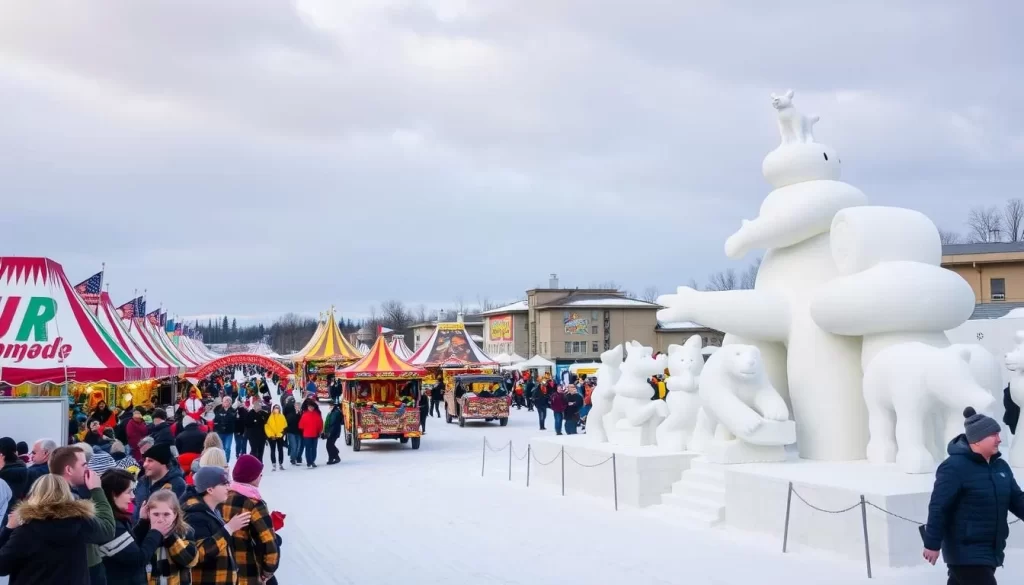 Generate an image of the Fur Rendezvous Festival in Anchorage, Alaska, with a carnival, parade, and snow sculpture competition.