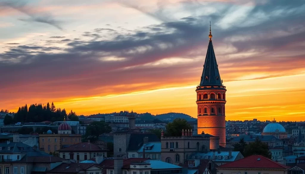 Generate an image of the Galata Tower at sunset with the cityscape in the background.