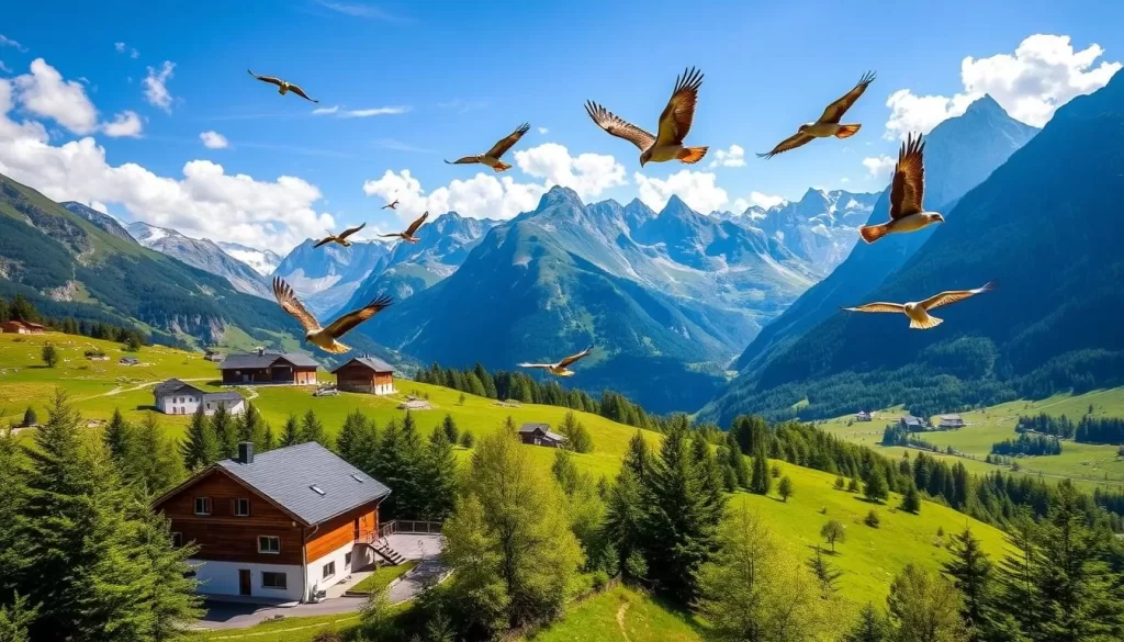 Generate an image of the Galina Falconry Centre in Malbun, Liechtenstein, showcasing birds of prey in flight against the Alpine backdrop.