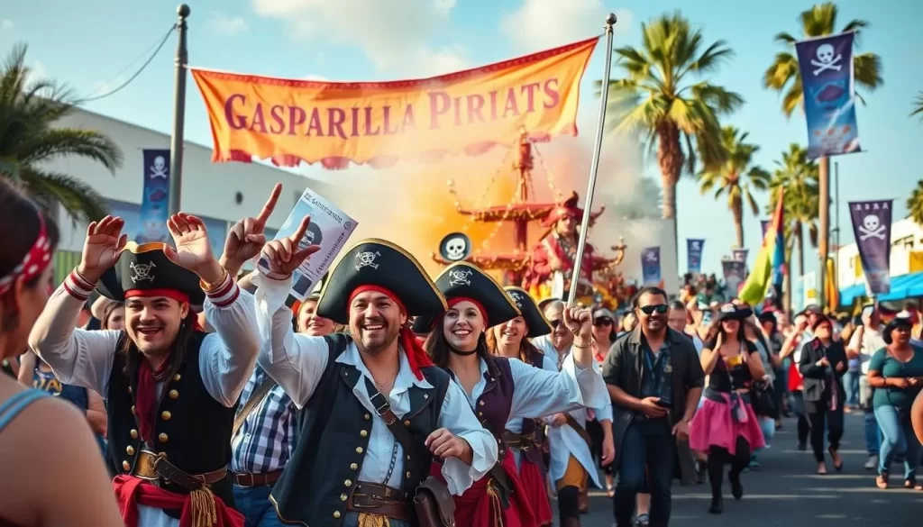 Generate an image of the Gasparilla Pirate Fest in Tampa, featuring a pirate parade with decorated floats and enthusiastic participants.