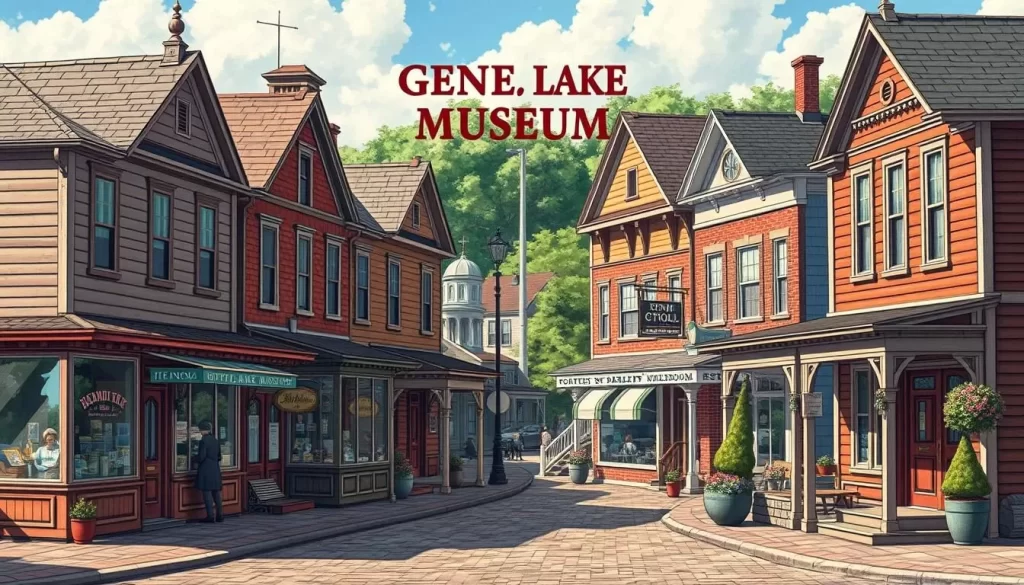 Generate an image of the Geneva Lake Museum, featuring a recreated Main Street with period stores, homes, and a schoolroom.