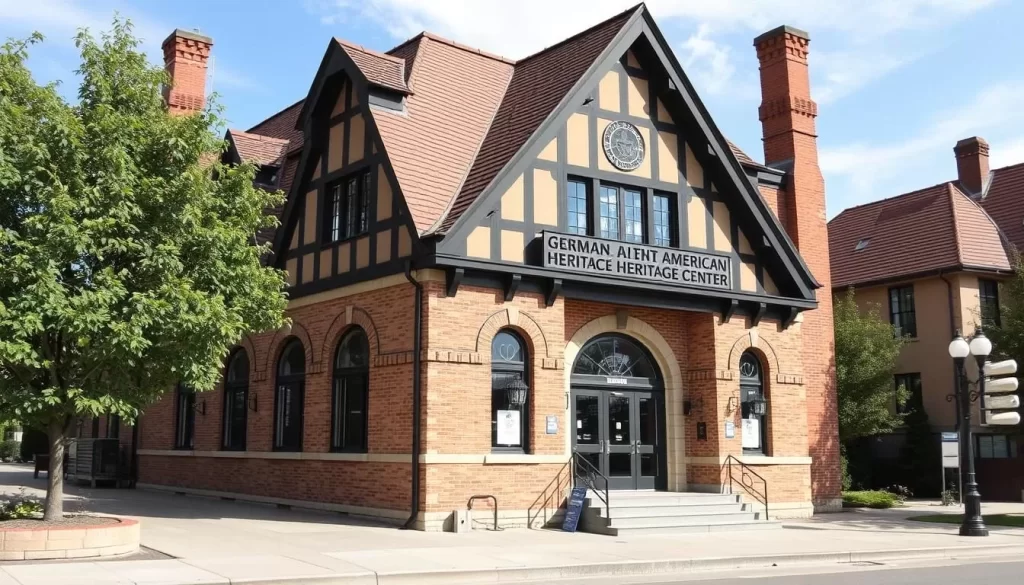 Generate an image of the German American Heritage Center's facade, showcasing its architectural style and cultural significance. Generate an image of the German American Heritage Center's facade, showcasing its architectural style and cultural significance.