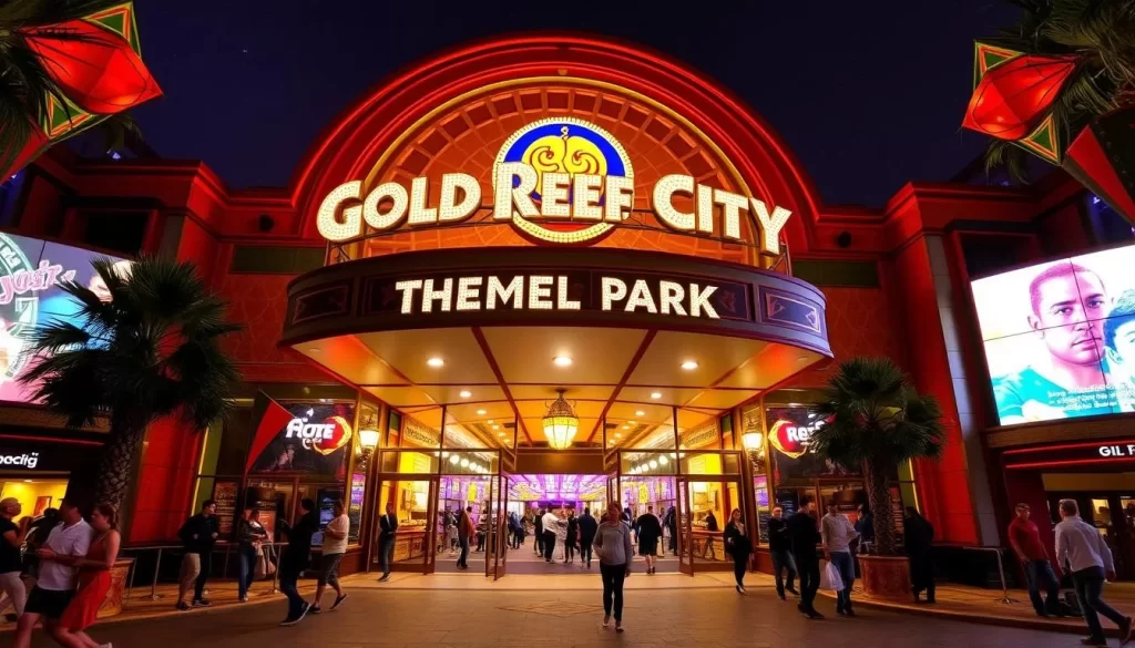Generate an image of the Gold Reef City Theme Park main entrance, showcasing its vibrant colors and lively atmosphere.