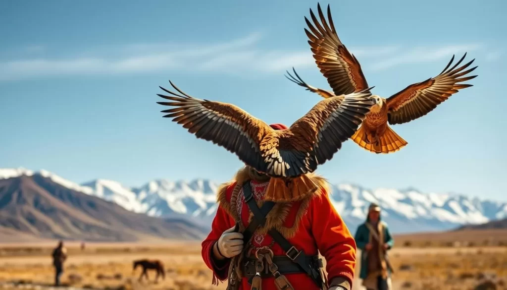 Generate an image of the Golden Eagle Festival, showcasing Kazakh eagle hunters with their majestic birds against the backdrop of the Altai Mountains.