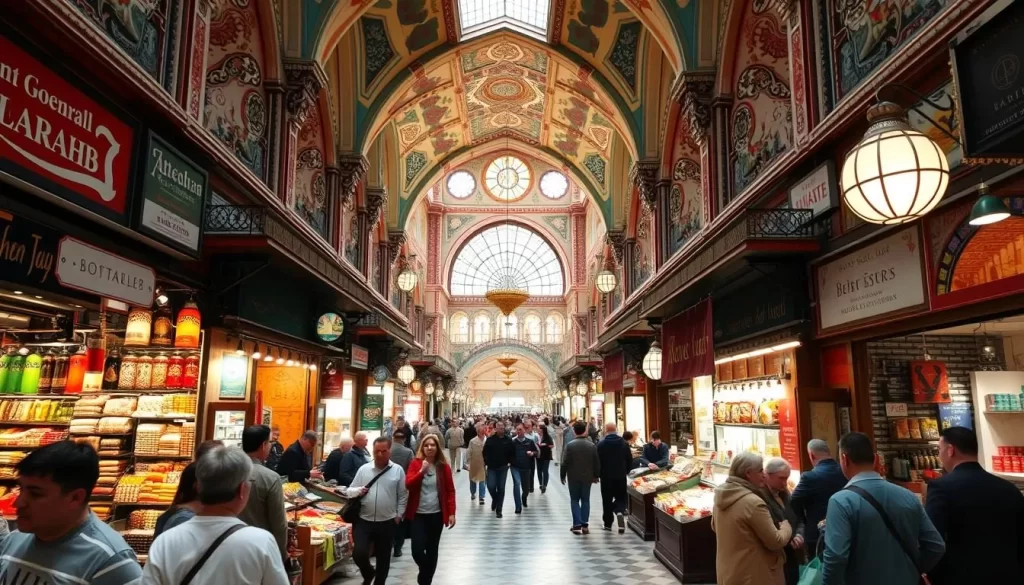 Generate an image of the Grand Bazaar's interior, showcasing its vibrant colors and bustling atmosphere.