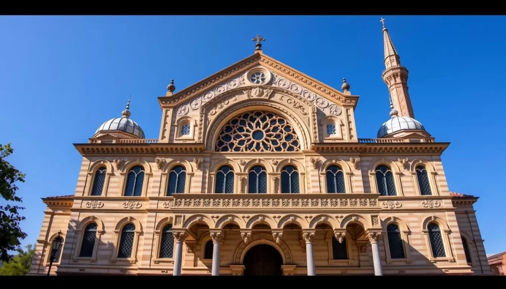 Generate an image of the Grand Synagogue of Edirne's majestic facade in the Moorish revival style.