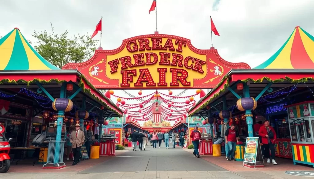 Generate an image of the Great Frederick Fair's main entrance with a vibrant atmosphere.