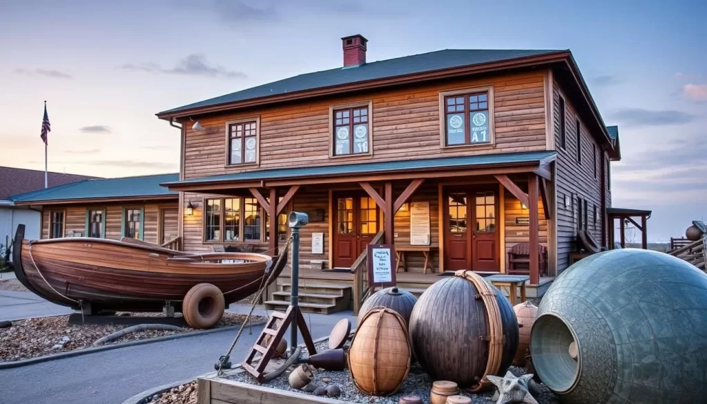 Generate an image of the Great Lakes Shipwreck Museum at Whitefish Point, showcasing its exterior with a maritime artifact display in the foreground.