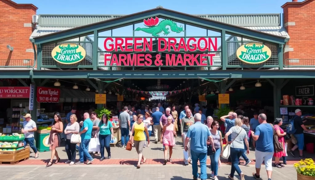 Generate an image of the Green Dragon Farmers Market & Auction's main entrance on a busy Friday morning, with shoppers walking in and out of the market buildings.