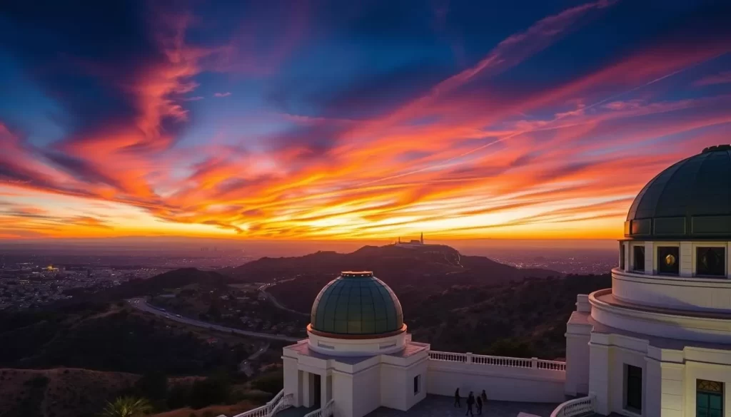 Generate an image of the Griffith Observatory with a stunning view of the Hollywood Sign.
