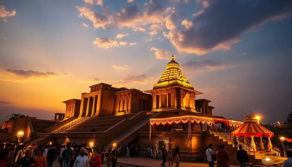Generate an image of the Hampi Festival at sunset with the ancient ruins illuminated.