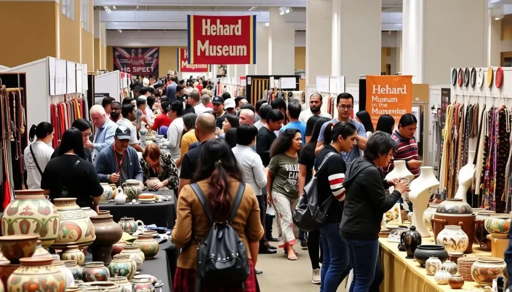 Generate an image of the Heard Museum Indian Fair & Market with Native artists showcasing their work.