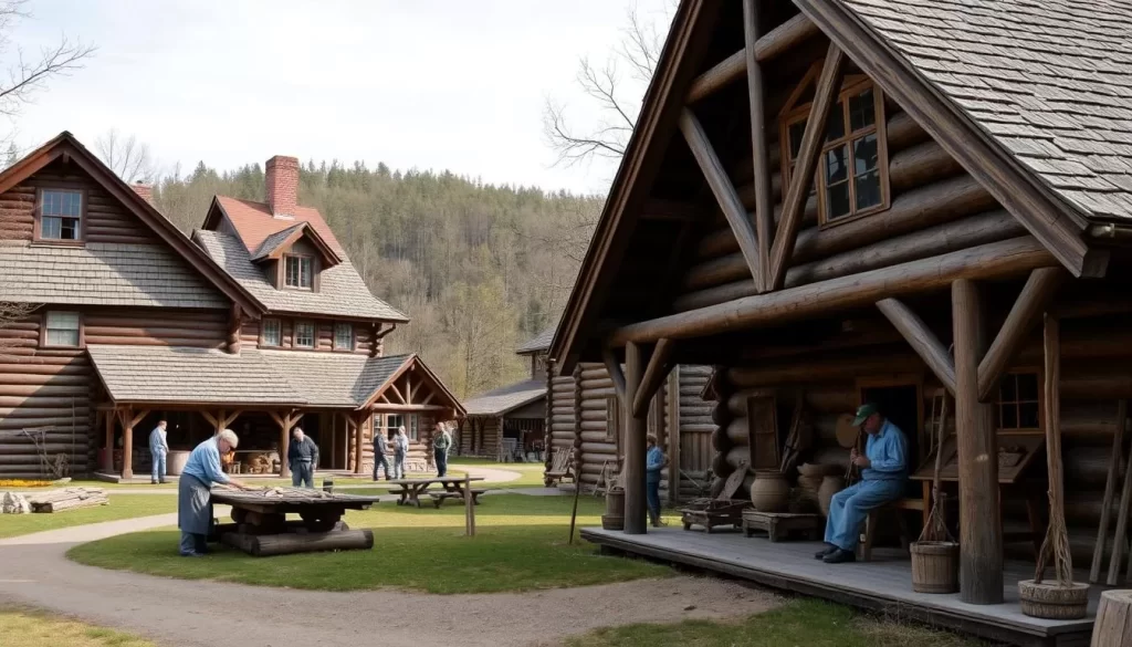 Generate an image of the Heritage Farm Museum and Village, showcasing its historic log structures or craftspeople at work.