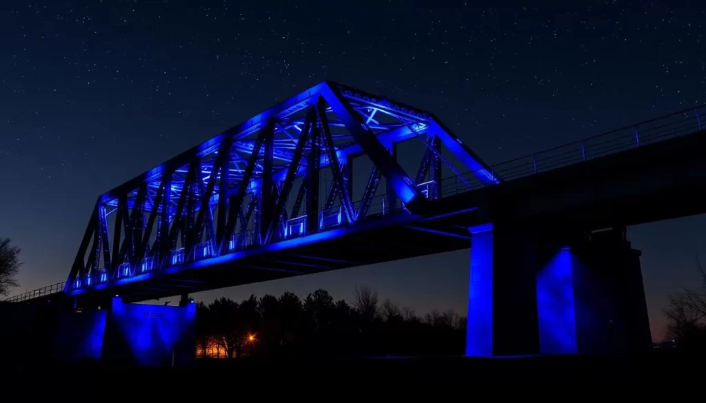 Generate an image of the High Trestle Trail's iconic bridge at night with blue lights.