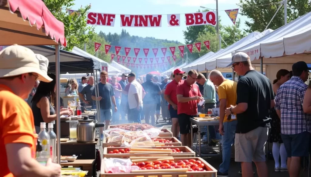 Generate an image of the Hill City Wine Brew & BBQ festival, showcasing the competitive BBQ contest and local vendors.