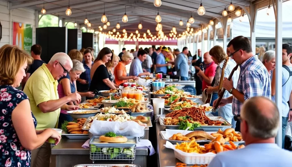 Generate an image of the Hilton Head Seafood Festival with people enjoying seafood and live music.