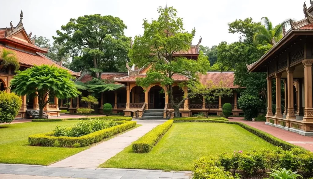 Generate an image of the Ho Chi Minh Historical Park in Udon Thani, Thailand, showcasing its serene gardens and historical buildings.