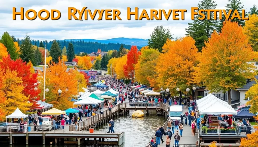Generate an image of the Hood River Valley Harvest Fest with a scenic waterfront view