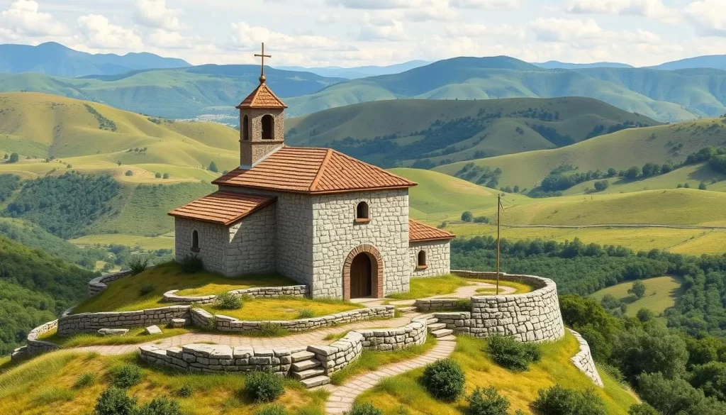 Generate an image of the House of the Virgin Mary, a small stone house on a hill overlooking the surrounding landscape.