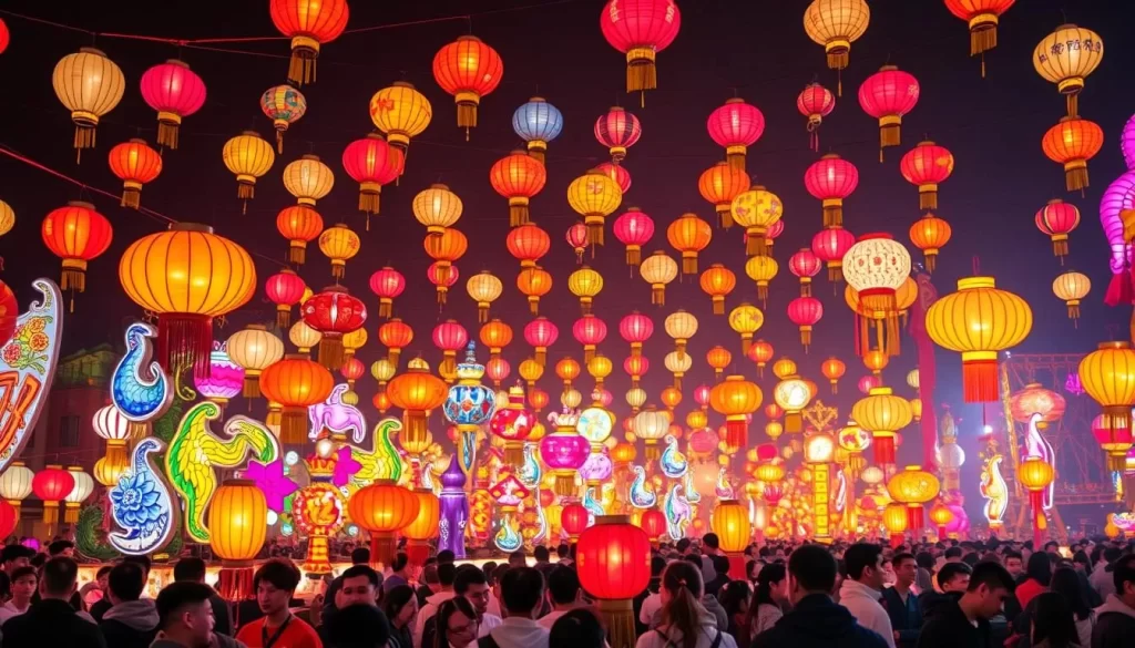 Generate an image of the Hsinchu Lantern Festival with vibrant lanterns and crowds of people admiring the displays.