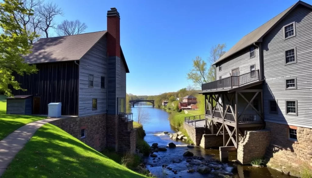 Generate an image of the Hunterdon Art Museum in Clinton, NJ, showcasing its 19th-century grist mill architecture and the surrounding river views.