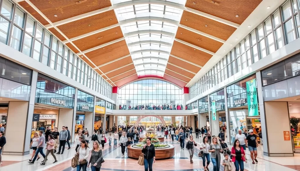 Generate an image of the Huntington Mall interior, showcasing its modern architecture and bustling atmosphere.