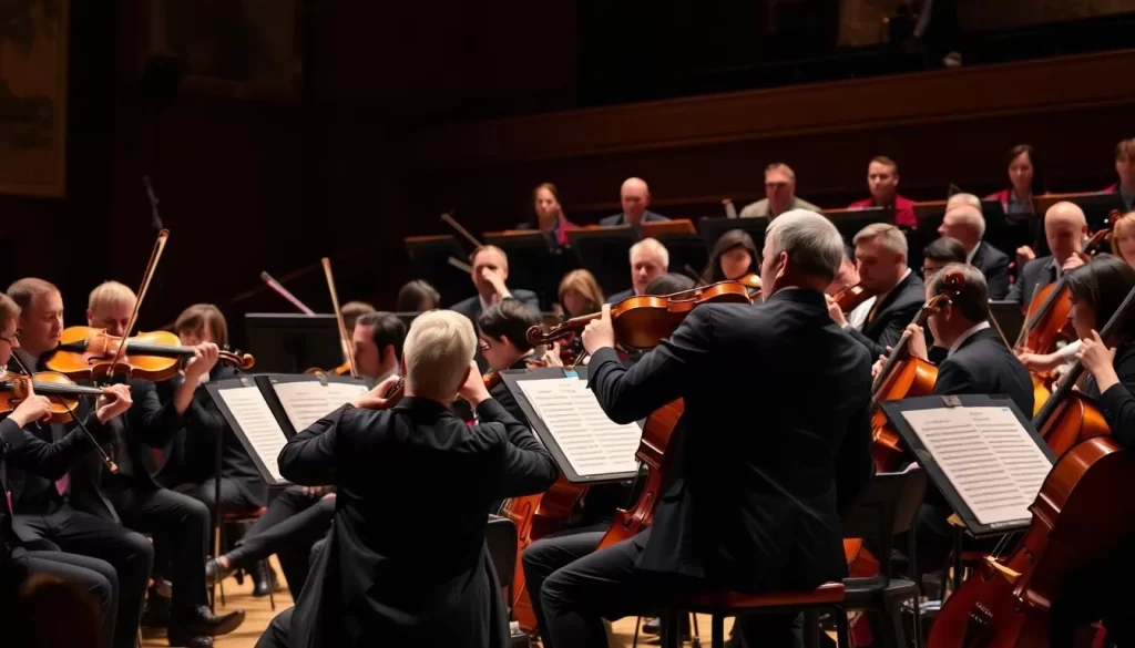 Generate an image of the Huntington Symphony Orchestra performing on stage, highlighting their energy and musicality.