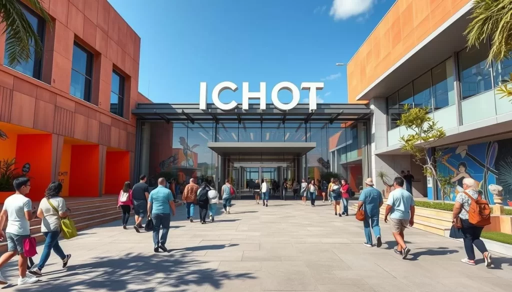 Generate an image of the ICHOT museum exterior with visitors walking towards it.