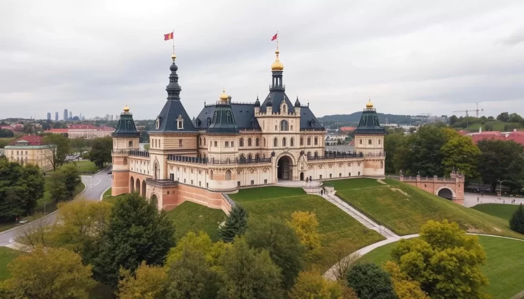 Generate an image of the Imperial Castle in Poznan, highlighting its unique architectural style and historical context.