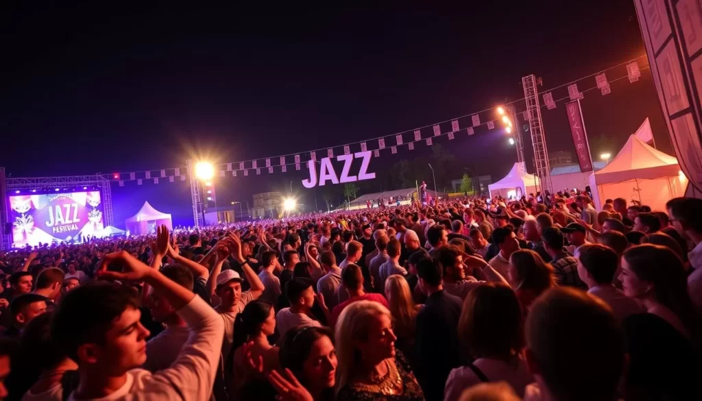 Generate an image of the International Jazz Festival in Tashkent, capturing the vibrant atmosphere and diverse audience.