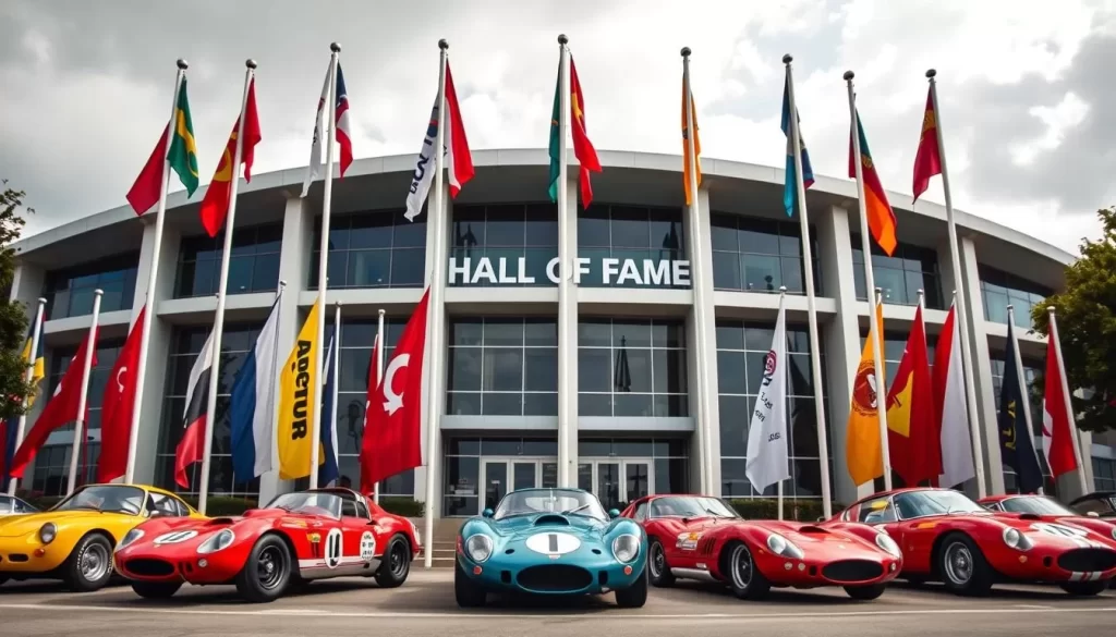 Generate an image of the International Motorsports Hall of Fame building with a backdrop of racing flags and historic race cars.