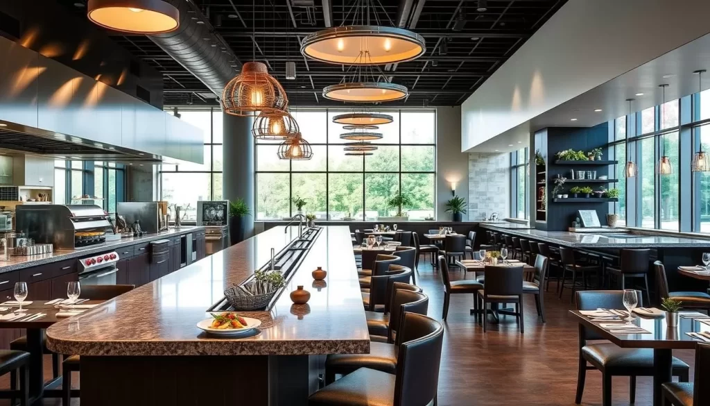 Generate an image of the Iowa Culinary Institute's dining area, highlighting its state-of-the-art facilities and gourmet cuisine.