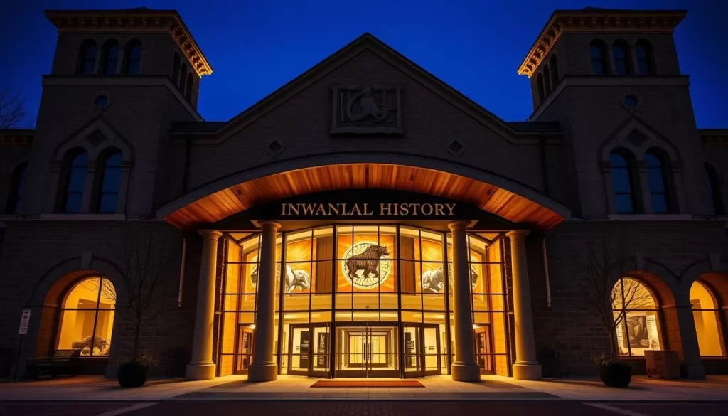 Generate an image of the Iowa Museum of Natural History's grand entrance, showcasing its impressive architecture and inviting atmosphere.
