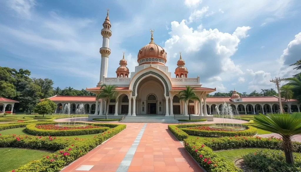 Generate an image of the Islamic Heritage Park in Kuala Terengganu, Malaysia, showcasing its beautiful gardens and architectural features.