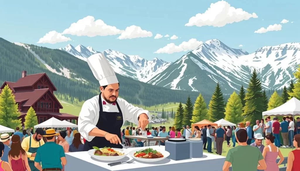 Generate an image of the Jackson Hole Food & Wine Festival, showcasing a chef preparing a dish at the Jackson Hole Mountain Resort.