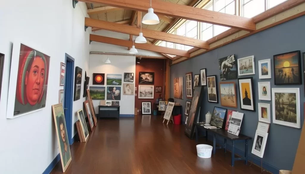 Generate an image of the Jamestown Arts Center, a former boat repair shop turned modern arts space, with a mix of local art on display.