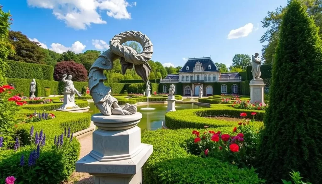 Generate an image of the Jardin de Wiltz in Luxembourg, showcasing its serene beauty and artistic sculptures amidst lush foliage.
