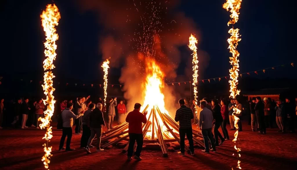 Generate an image of the Jeju Fire Festival with participants gathered around a large fire, surrounded by traditional Jeju Island scenery.