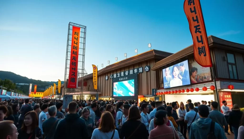 Generate an image of the Jeonju International Film Festival venue, showcasing a vibrant atmosphere with film enthusiasts and industry professionals.