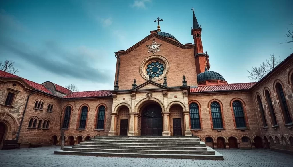 Generate an image of the Jewish Museum and Synagogue in Oświęcim, Poland, showcasing its historical architecture.