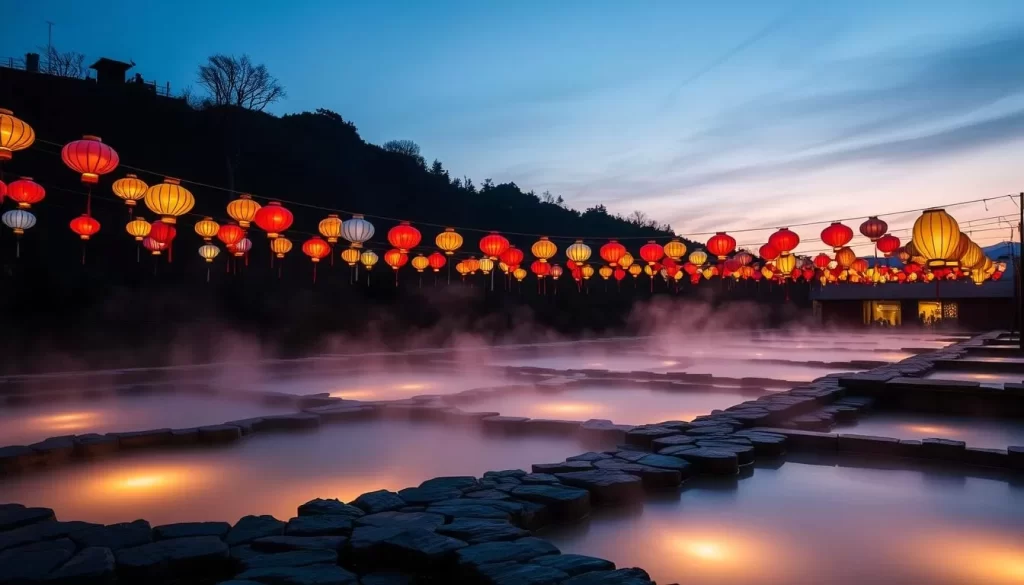 Generate an image of the Jiaoxi Hot Spring Lantern Festival at dusk, with vibrant lanterns and steaming hot springs.