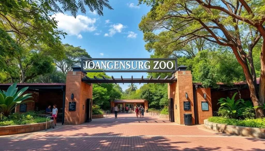 Generate an image of the Johannesburg Zoo's main entrance, highlighting its natural surroundings and welcoming atmosphere.
